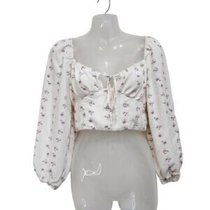 Wild Fable White Puff Sleeve Crop Blouse Milkmaid Cottage Tie Front Size Small